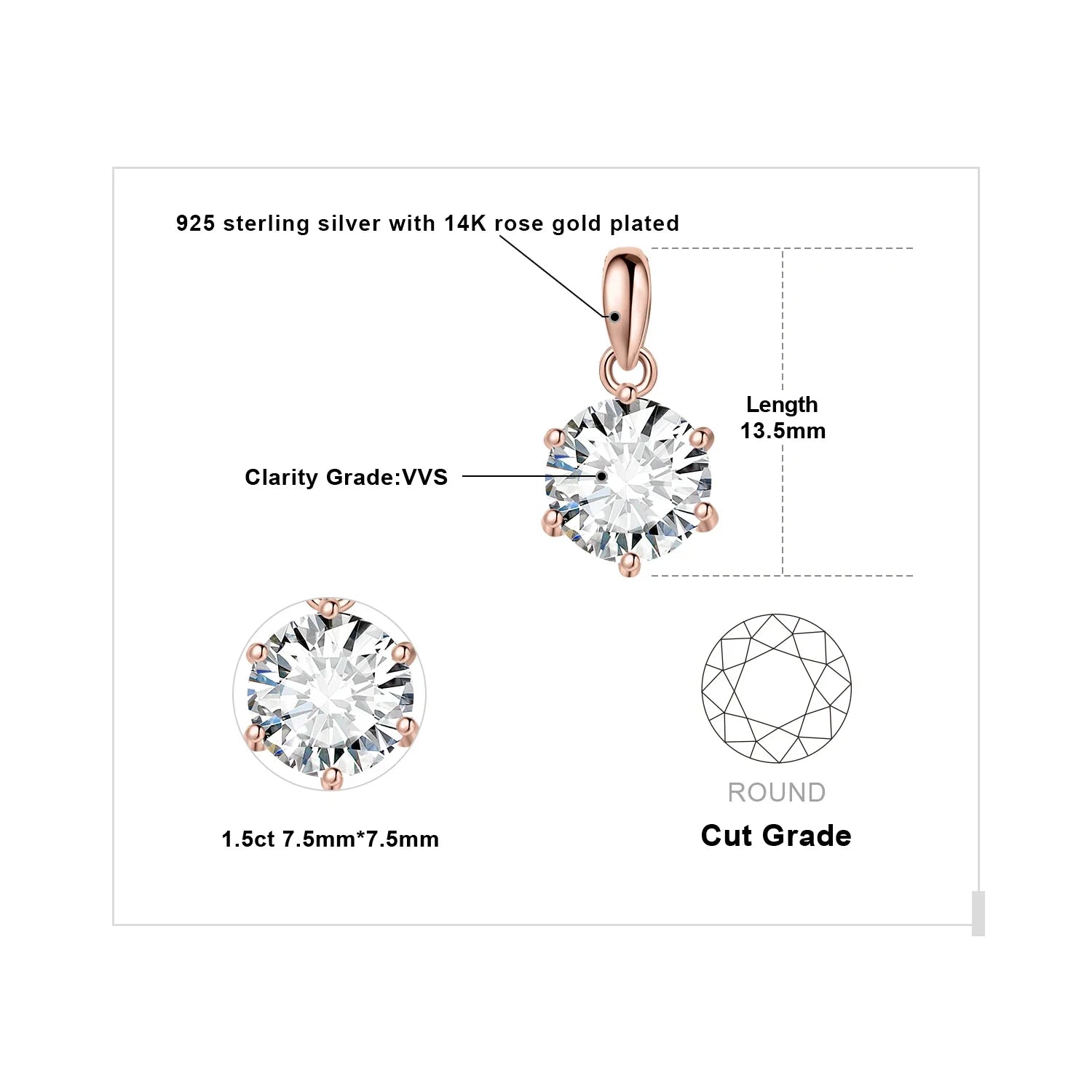 Exquisite Moissanite D Color Round Pendant Necklace in 925 Sterling Silver - A Timeless Elegance for Women - 1.5Ct Rose Color / Gra Certificate