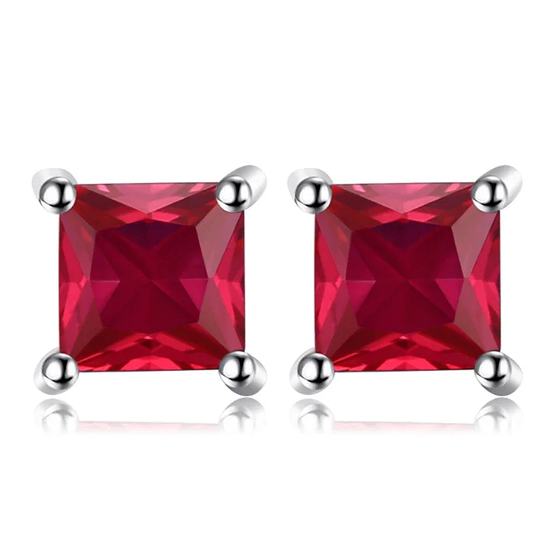Exquisite Square Blue Topaz Stud Earrings in 925 Sterling Silver - A Touch of Elegance for Every Occasion - Created Red Ruby / 925 Sterling Silver