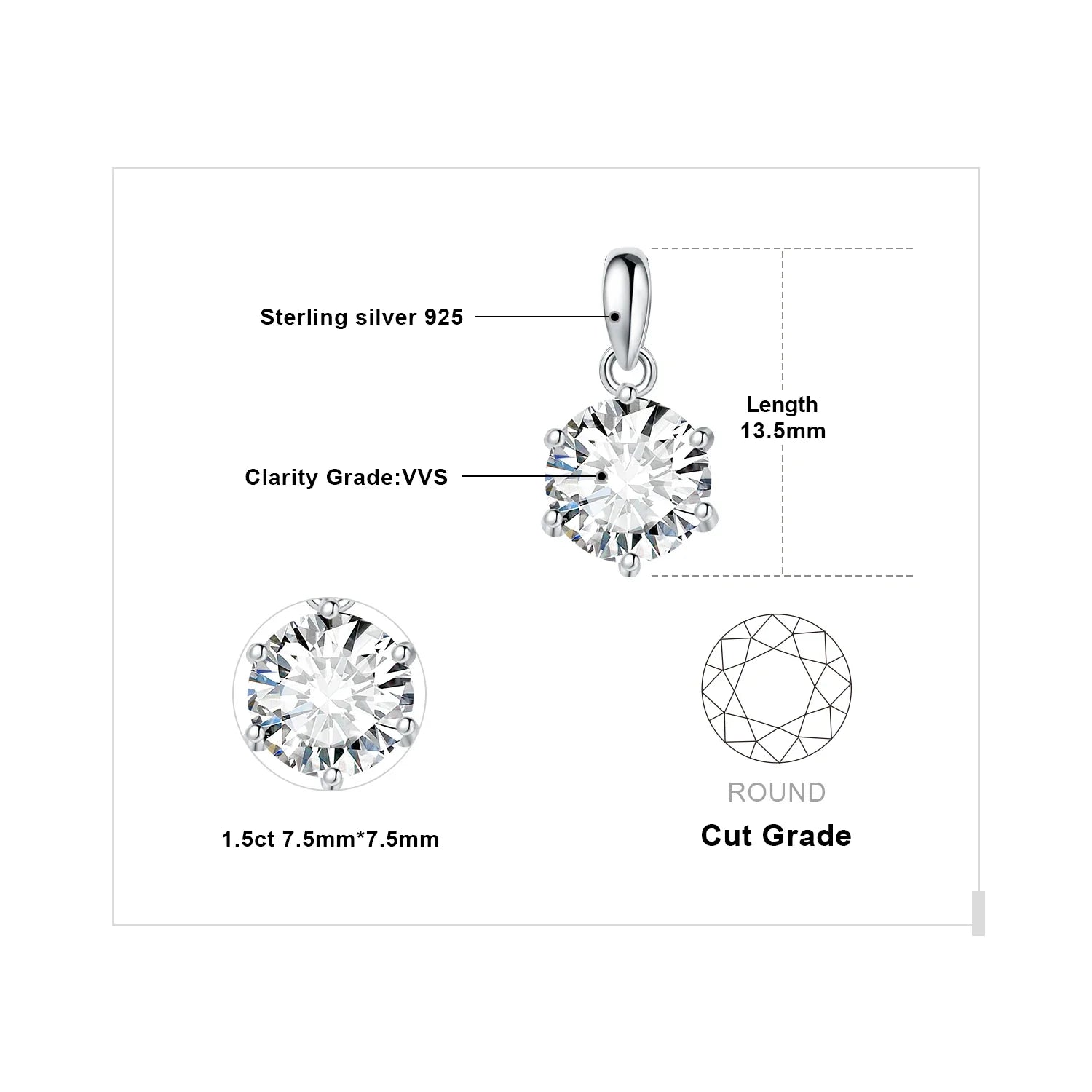 Exquisite Moissanite D Color Round Pendant Necklace in 925 Sterling Silver - A Timeless Elegance for Women - 1.5Ct Silver Color / Gra Certificate