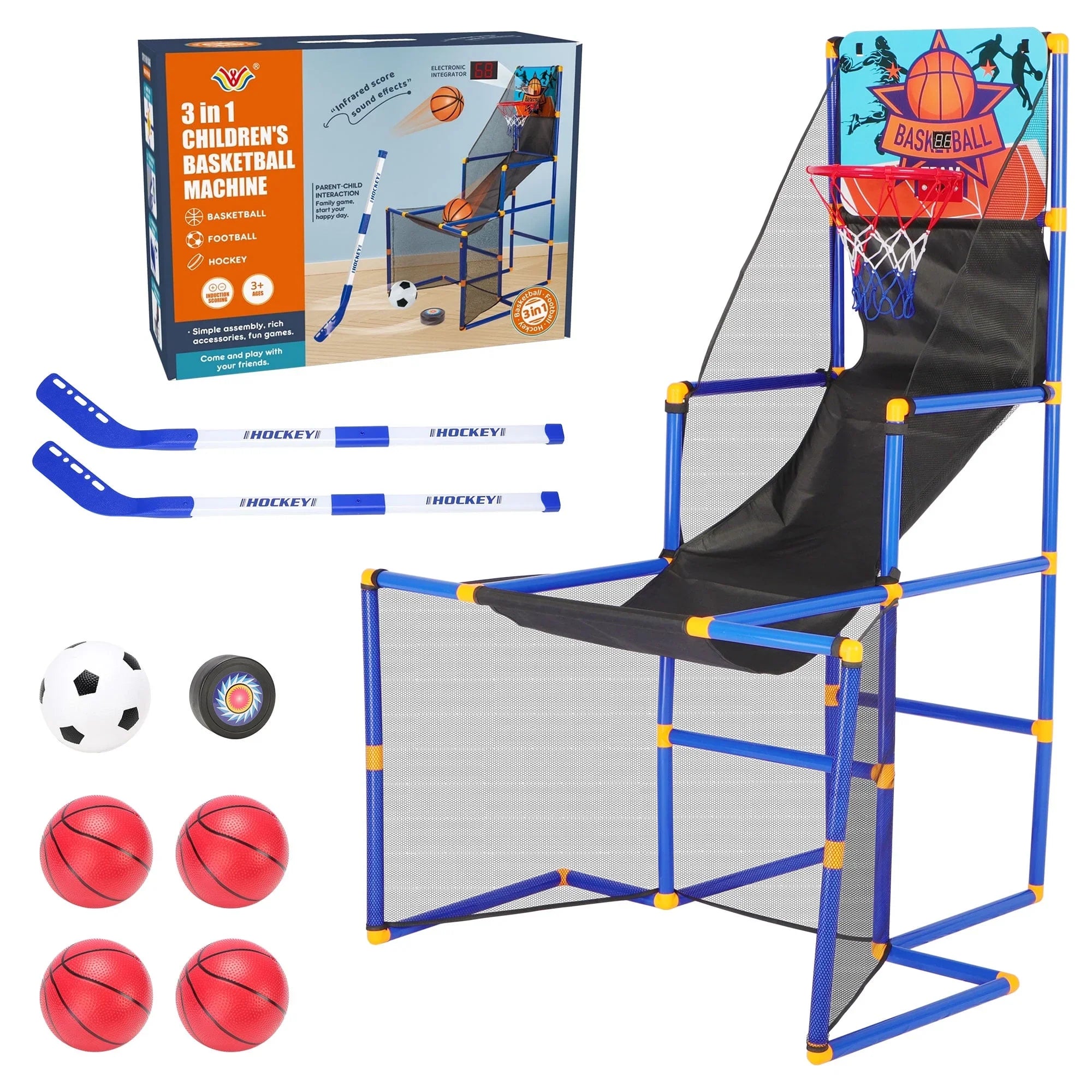 3 in 1 Kids Arcade Basketball Game & Hockey & Soccer, With 4 Basketball Balls, Football, Hockey, Hockey Stick, Pump, Electronic Scoreboard Sound for