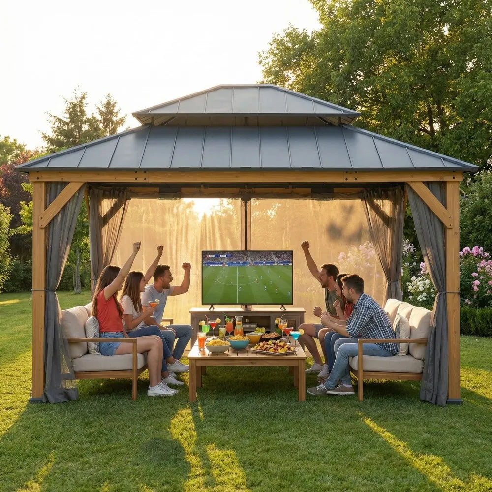 SUNJOY 3.9m x 4.5m Wood Gazebo with Netting & Curtain