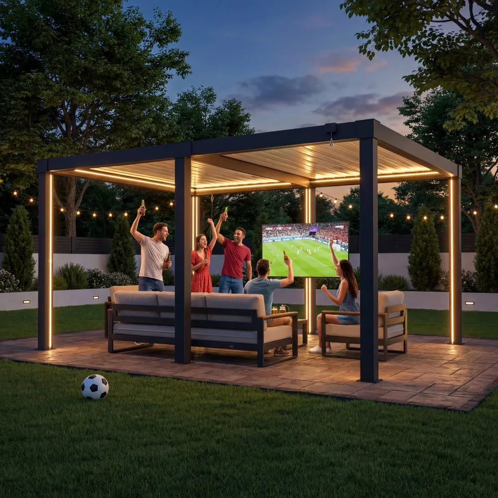 SUNJOY Aluminum Louvered Pergola with Solar LED Lights & Drainage System - 3.06m x 4.06m