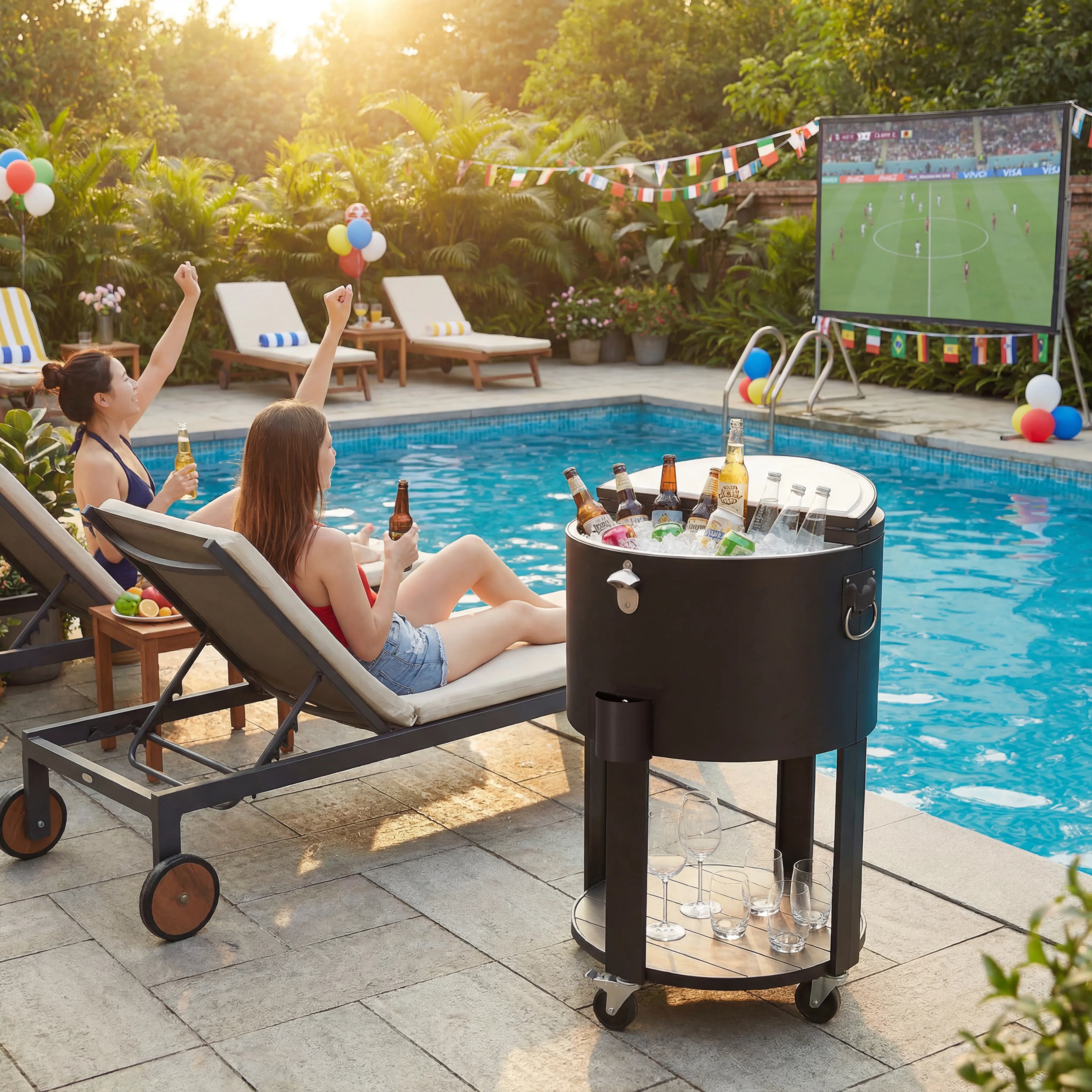 56L Ice Rolling Cooler Cart with Wheels, Bottle Opener - Black