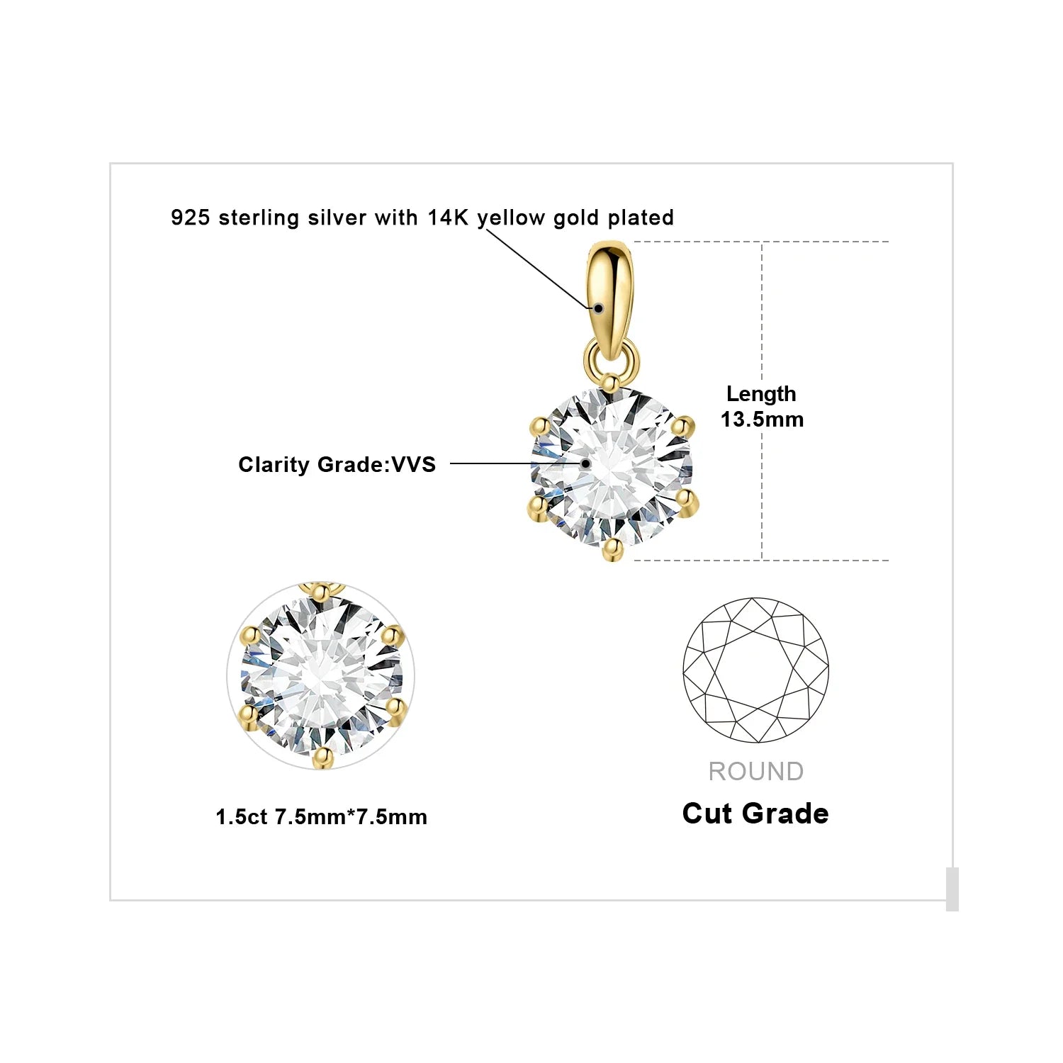 Exquisite Moissanite D Color Round Pendant Necklace in 925 Sterling Silver - A Timeless Elegance for Women - 1.5Ct Yellow Color / Gra Certificate