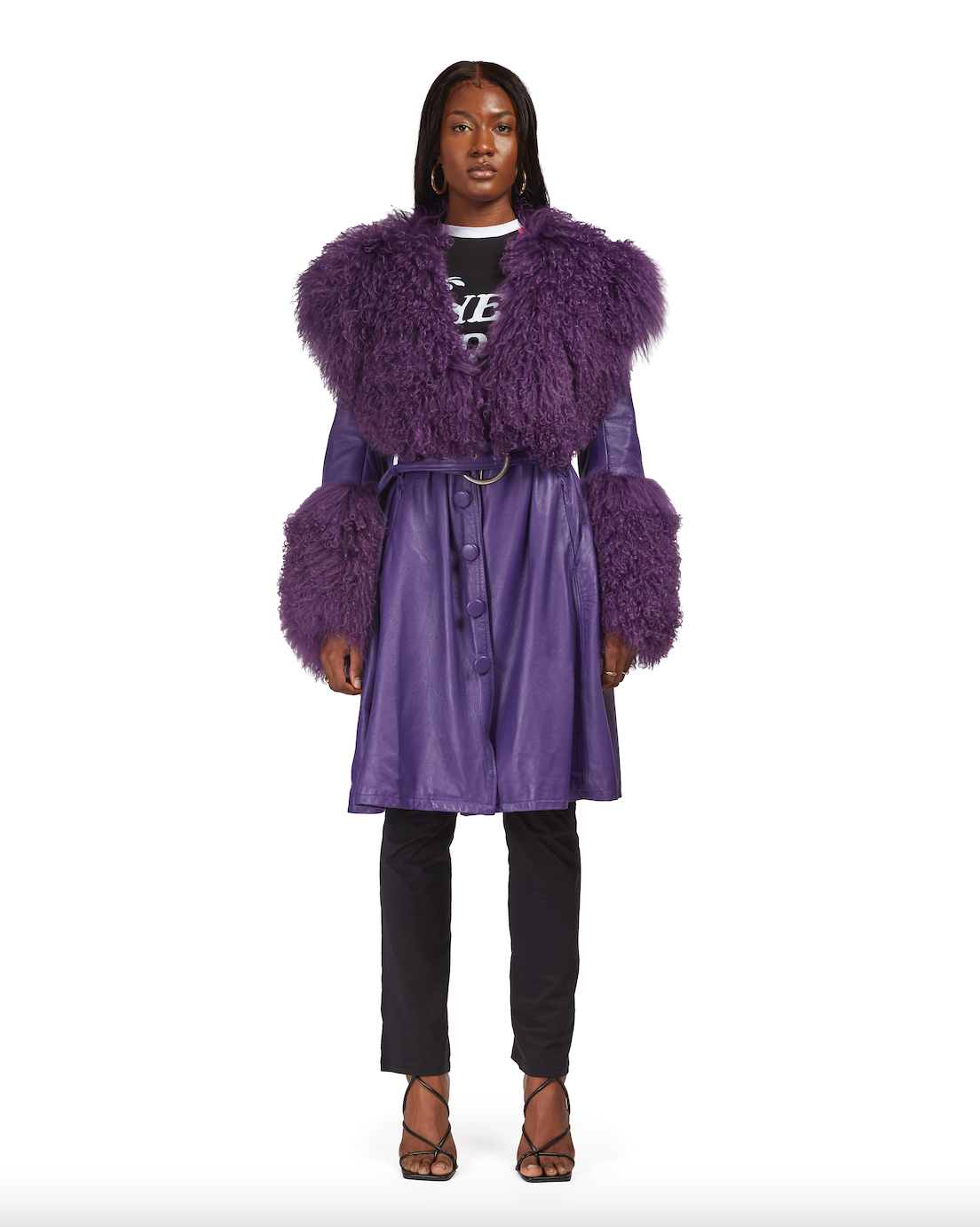 Leather Coat with Mongolian Fur Trim - L