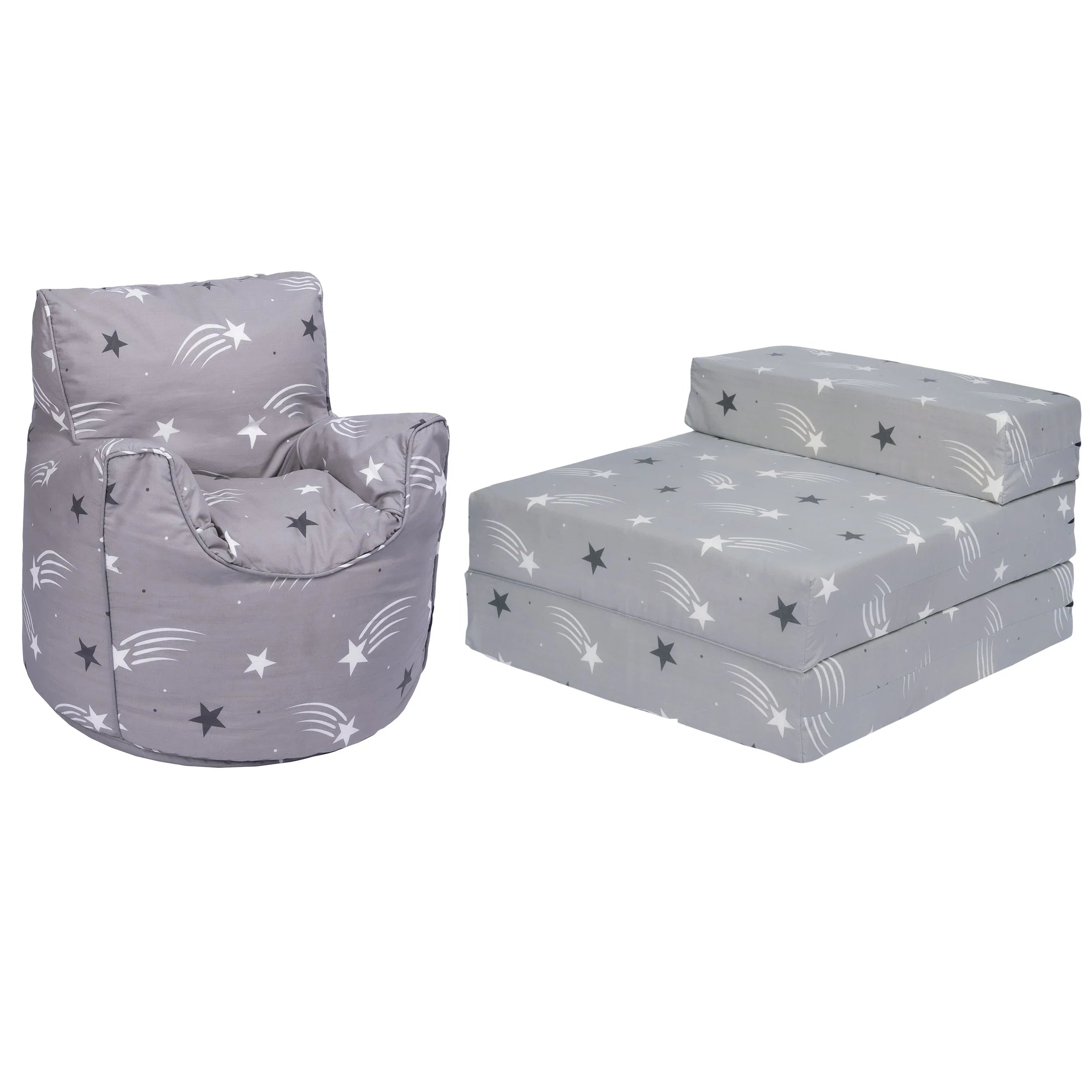 Kids Bean Bag Armchair and Folding Z Bed Printed Toddler Beanbag Chair and Guest Mattress - Shooting Stars