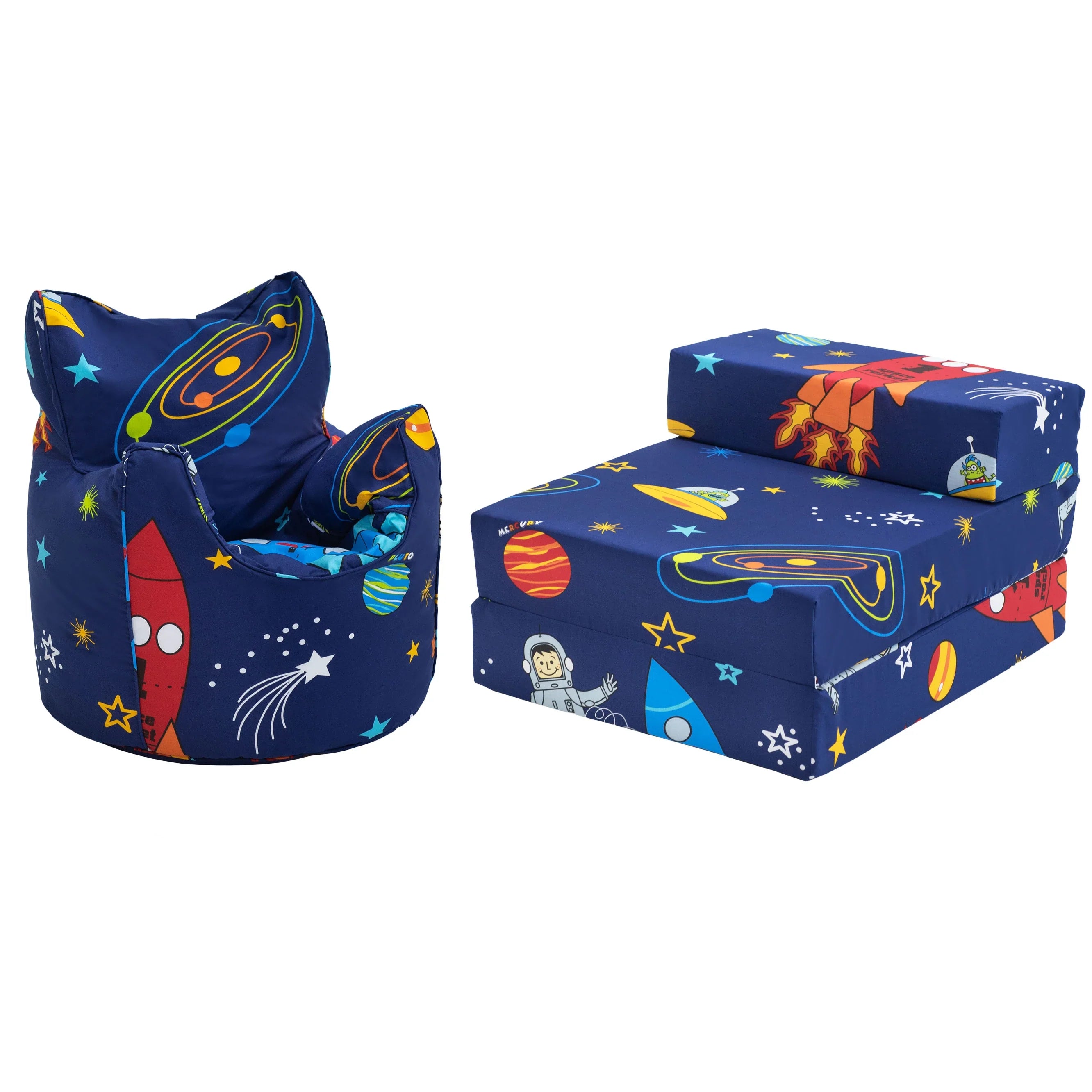 Kids Bean Bag Armchair and Folding Z Bed Printed Toddler Beanbag Chair and Guest Mattress - Space Boy