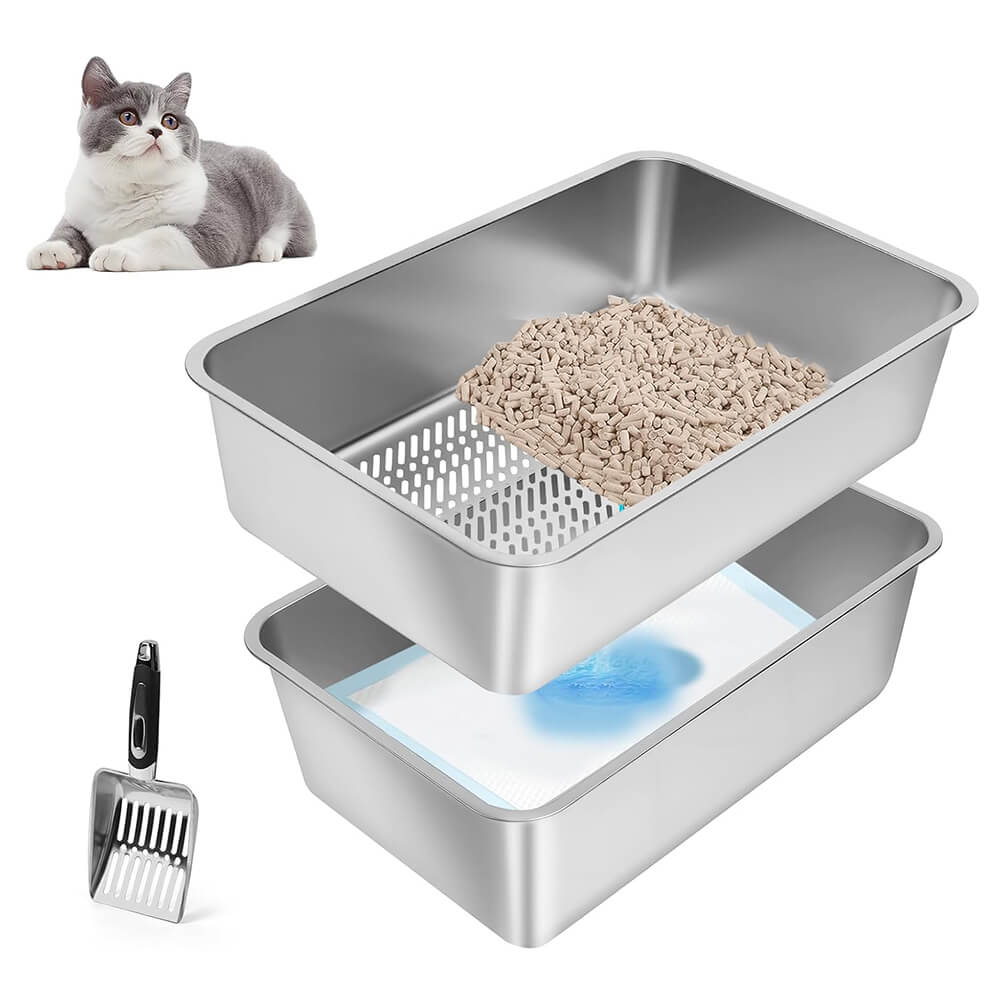 XL Silver Stainless Steel Sifting Litter Box - Silver / 23.6"L x 15.7"W x 8"H