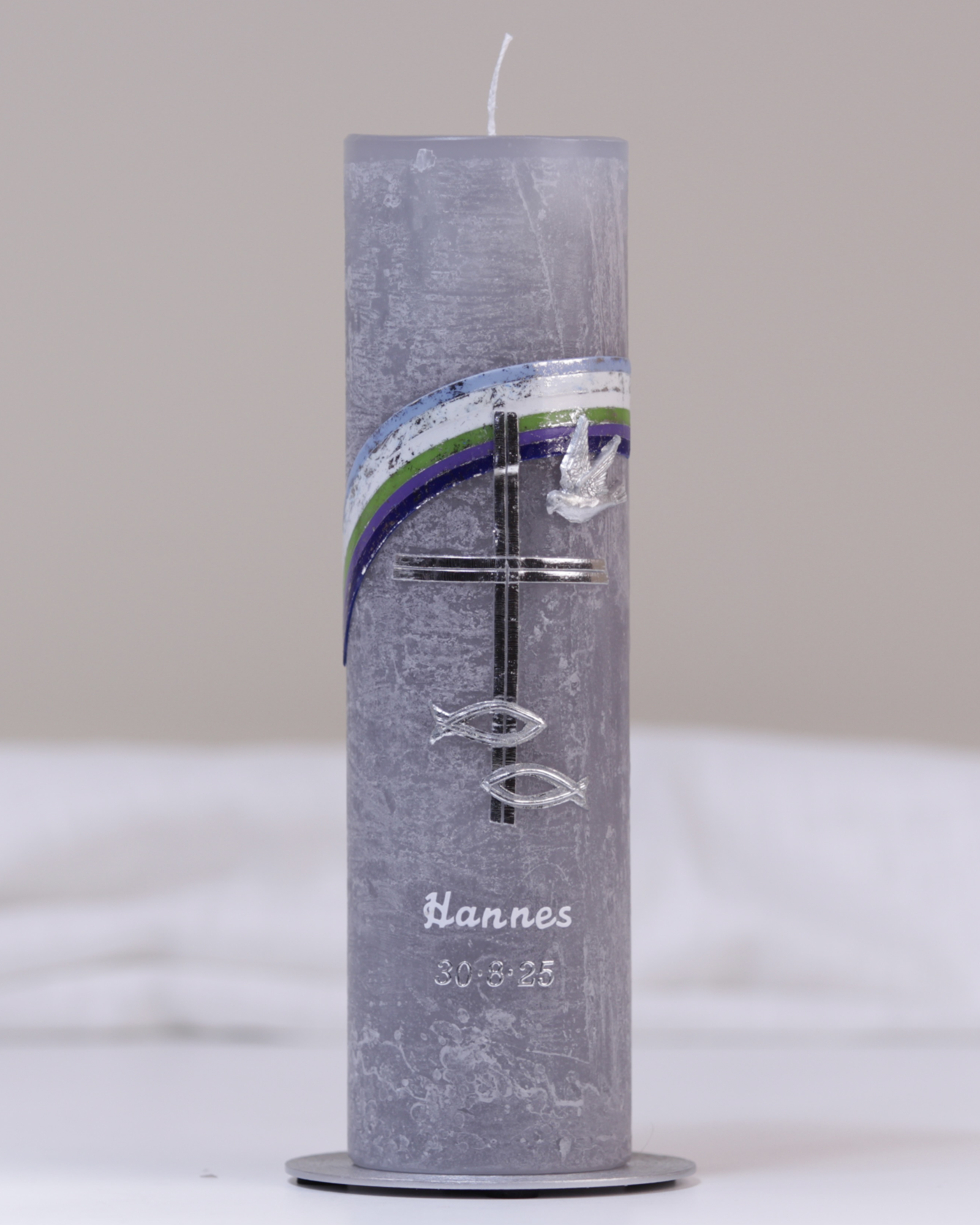 Taufkerze · Hannes · grau · handgegossen & verziert