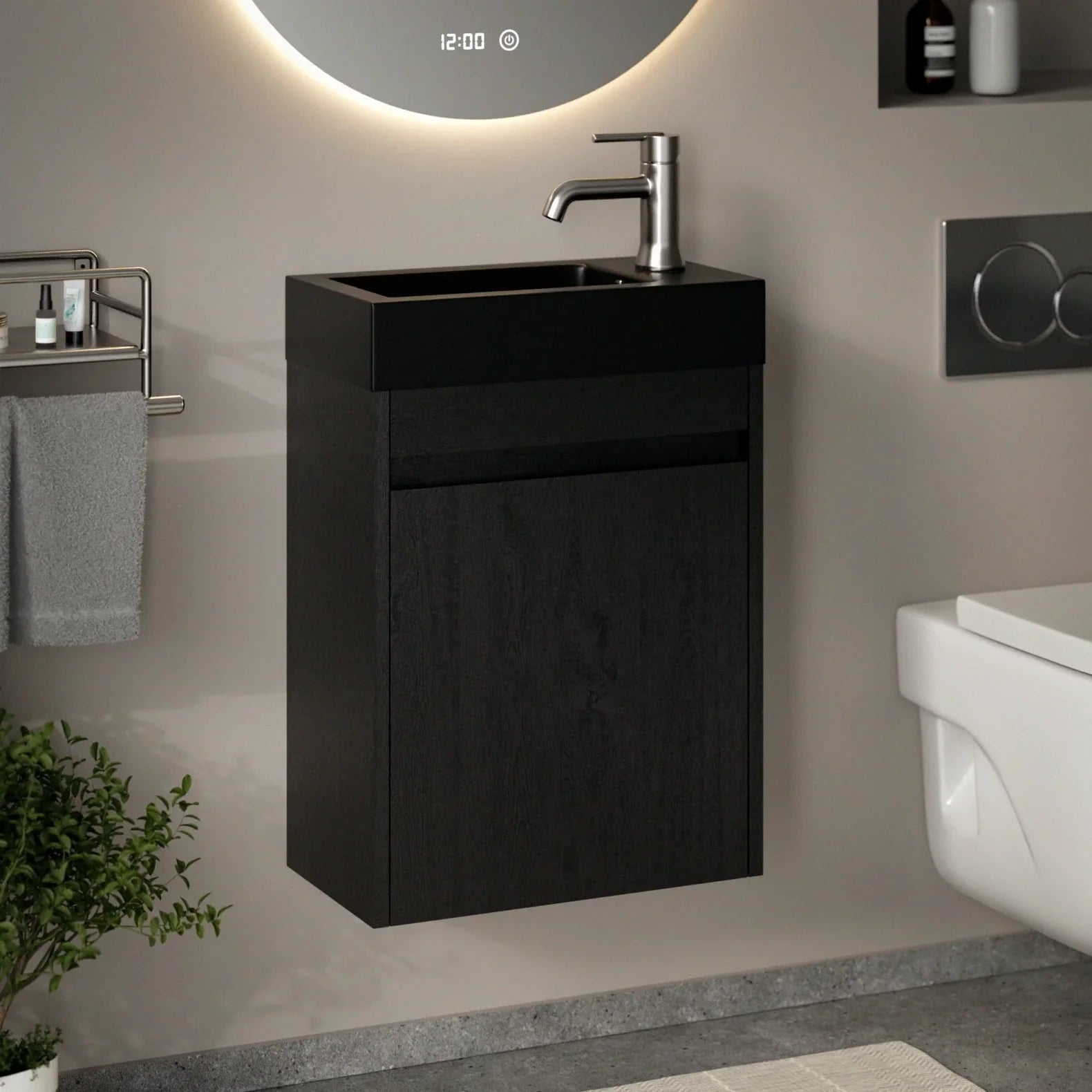 Toiletmeubel Elen - 40cm - Zwart Eiken - Wastafel Zwart - PRE-ORDER