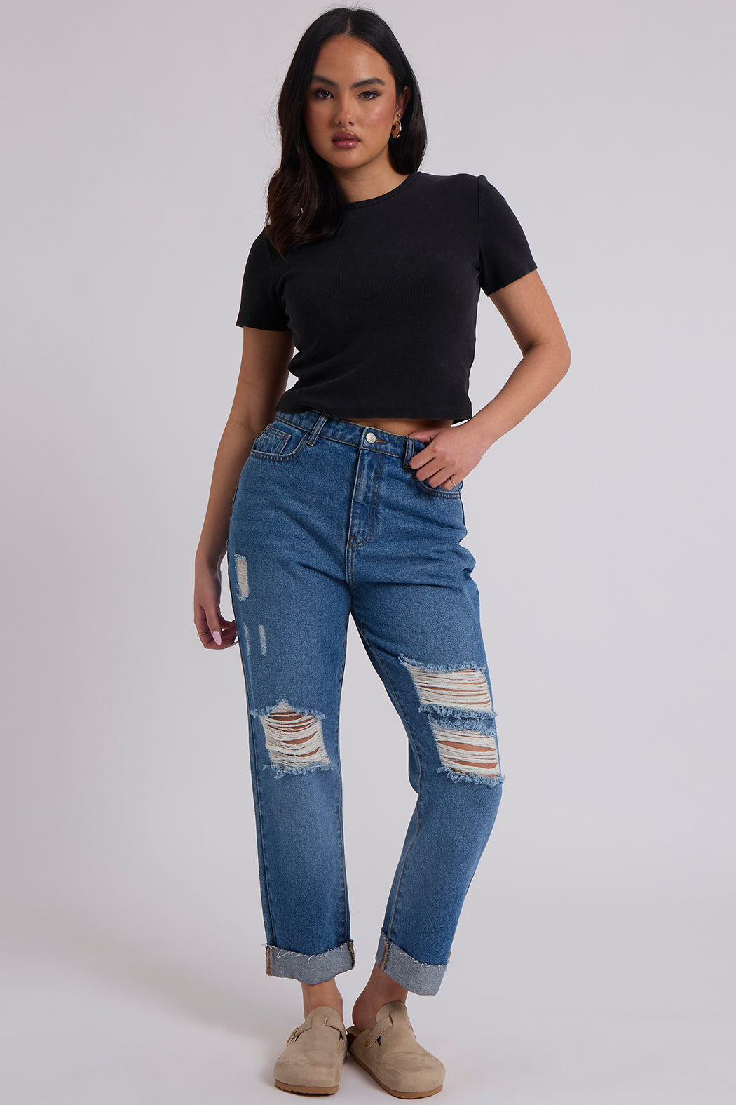 Elliott Mid Blue Ripped Mom Jeans - 14