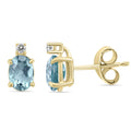 Stud Earrings with Aquamarine Oval Solitaire and Diamond - Gold - 9k Yellow Gold