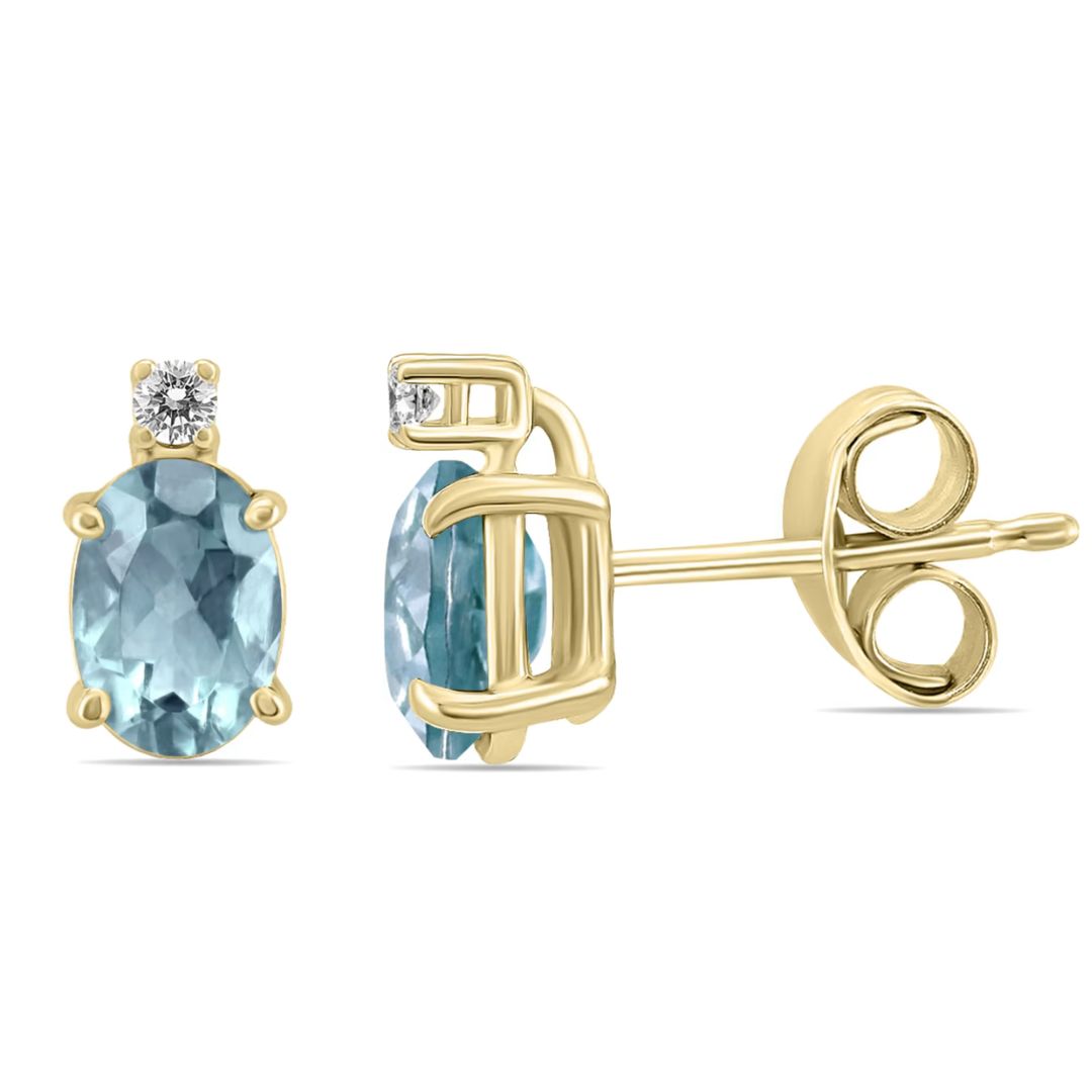 Stud Earrings with Aquamarine Oval Solitaire and Diamond - Gold - 9k Yellow Gold