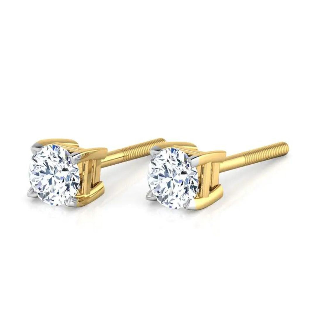 Stud Earrings with Round Cut Diamond Solitaire - Solid Yellow Gold - Mined Diamond / G/Vs / 0.60 Carat