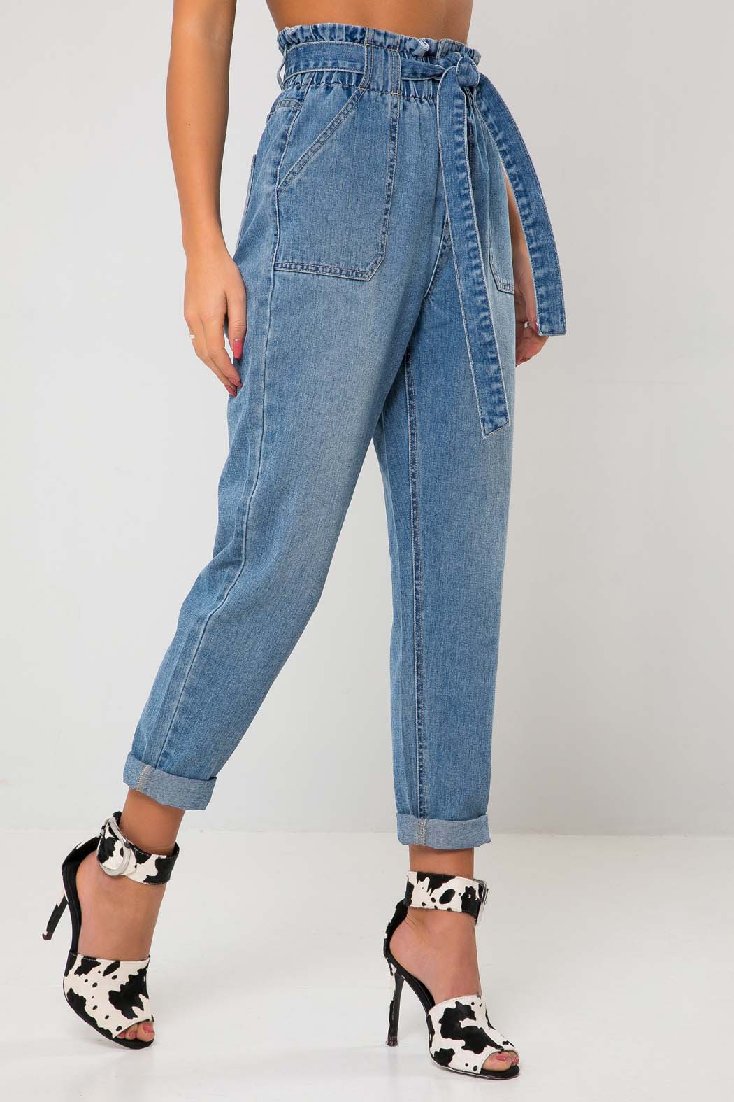 Liv Mid Blue Paperbag High Tie Waist Jean - 12
