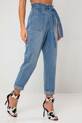 Liv Mid Blue Paperbag High Tie Waist Jean - 10