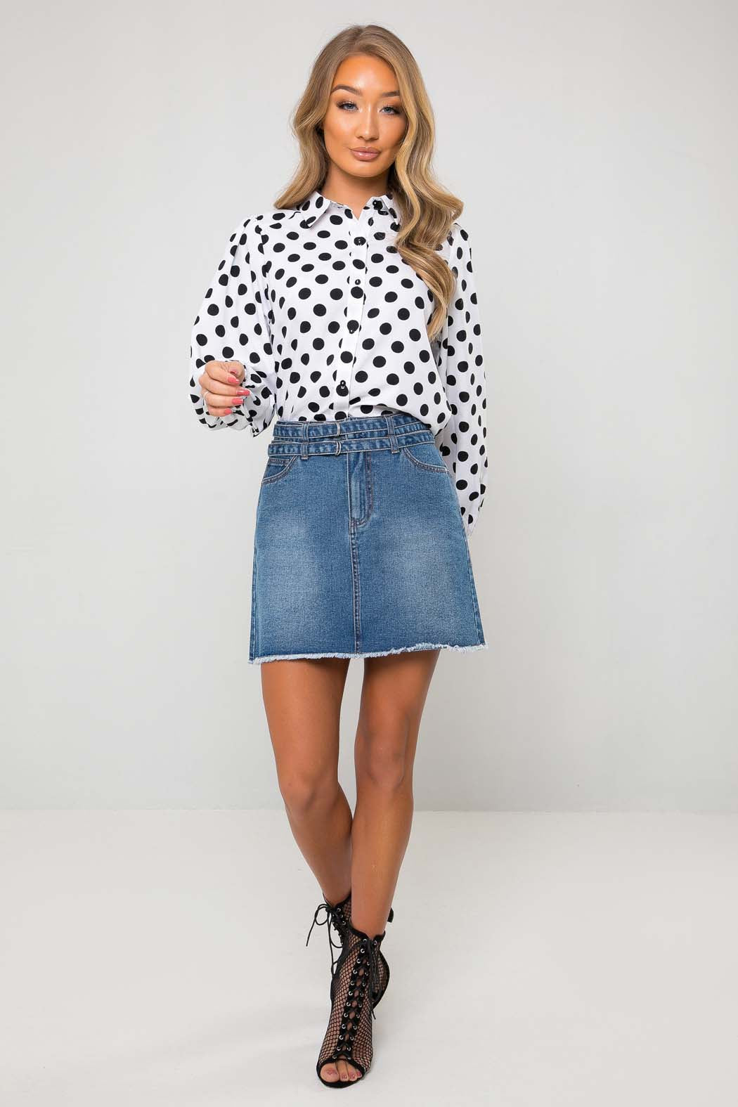Rae Blue Belted Raw Hem Denim Mini Skirt - 16