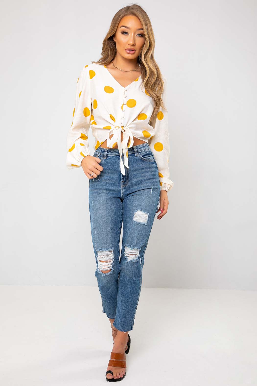 Canary Mustard Spot Tie Front Top - 16