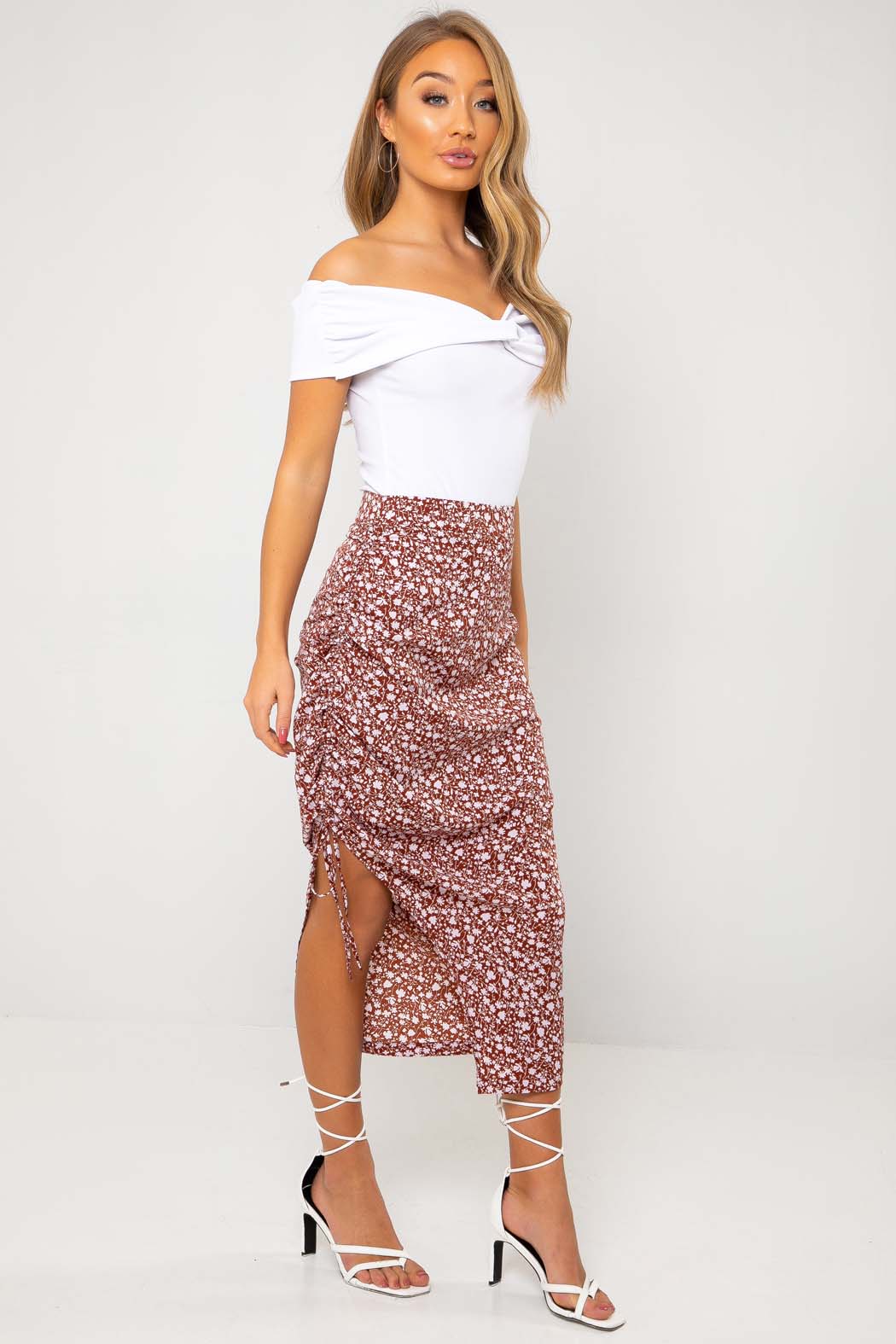 Marissa Lilac Floral Drawstring Side Split Midi Skirt - 16