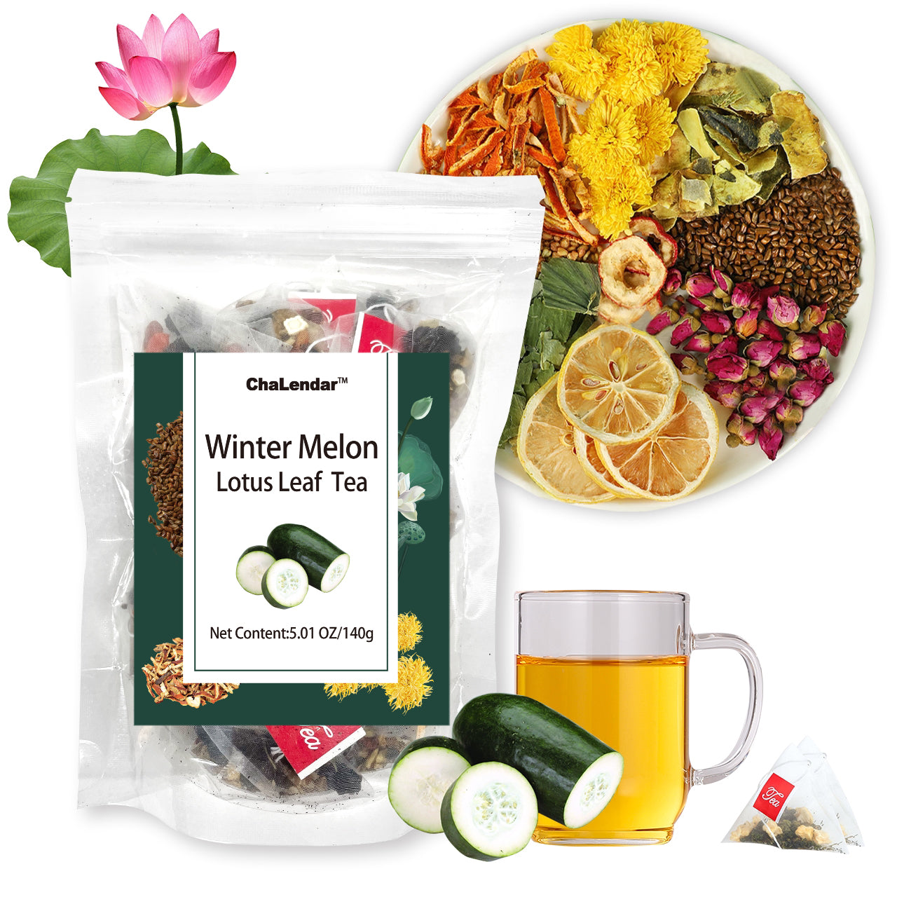 Organic Winter Melon Lotus Leaf Herbal Tea Chrysanthemum & More Blend of 9 Ingredients - 3 bags (0.96$/serving)