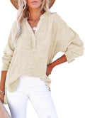 Womens Casual Button V Neck Long Sleeve Shirts Oversized Solid Blouses Tops - Apricot / Medium
