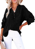 Womens Casual Button V Neck Long Sleeve Shirts Oversized Solid Blouses Tops - Black / Small