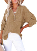 Womens Casual Button V Neck Long Sleeve Shirts Oversized Solid Blouses Tops - Brown / Small