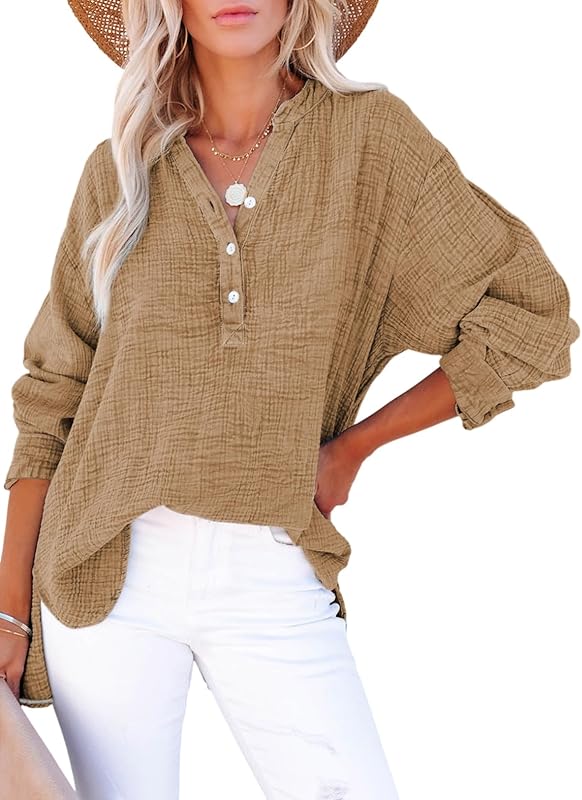 Womens Casual Button V Neck Long Sleeve Shirts Oversized Solid Blouses Tops - Brown / Small