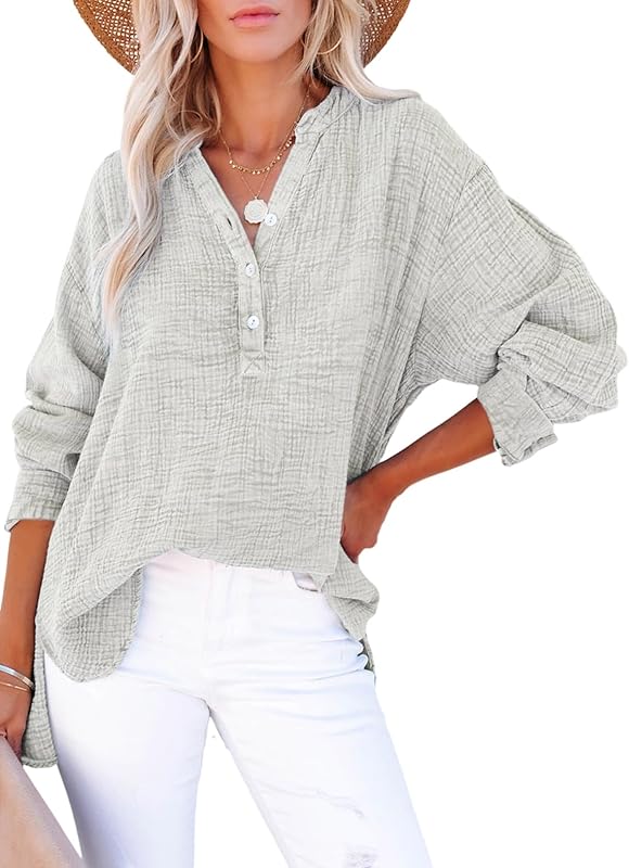 Womens Casual Button V Neck Long Sleeve Shirts Oversized Solid Blouses Tops - Gray / Small