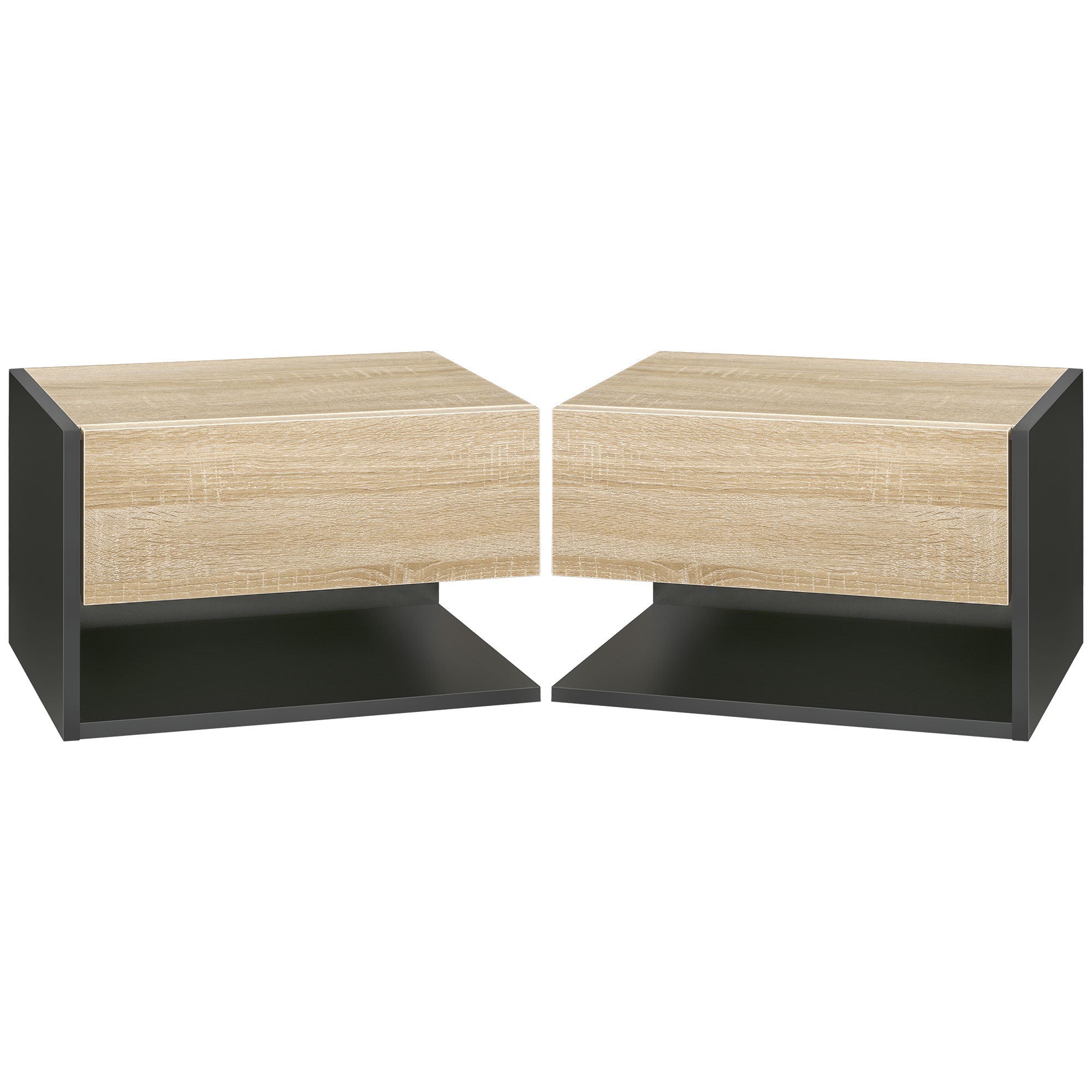 HOMCOM Floating Bedside Table Set of 2, Wall Mounted Bedside Cabinet with Drawer and Open Shelf, Modern Nightstand for Bedroom, 46 x 30 x 30 cm, Oak