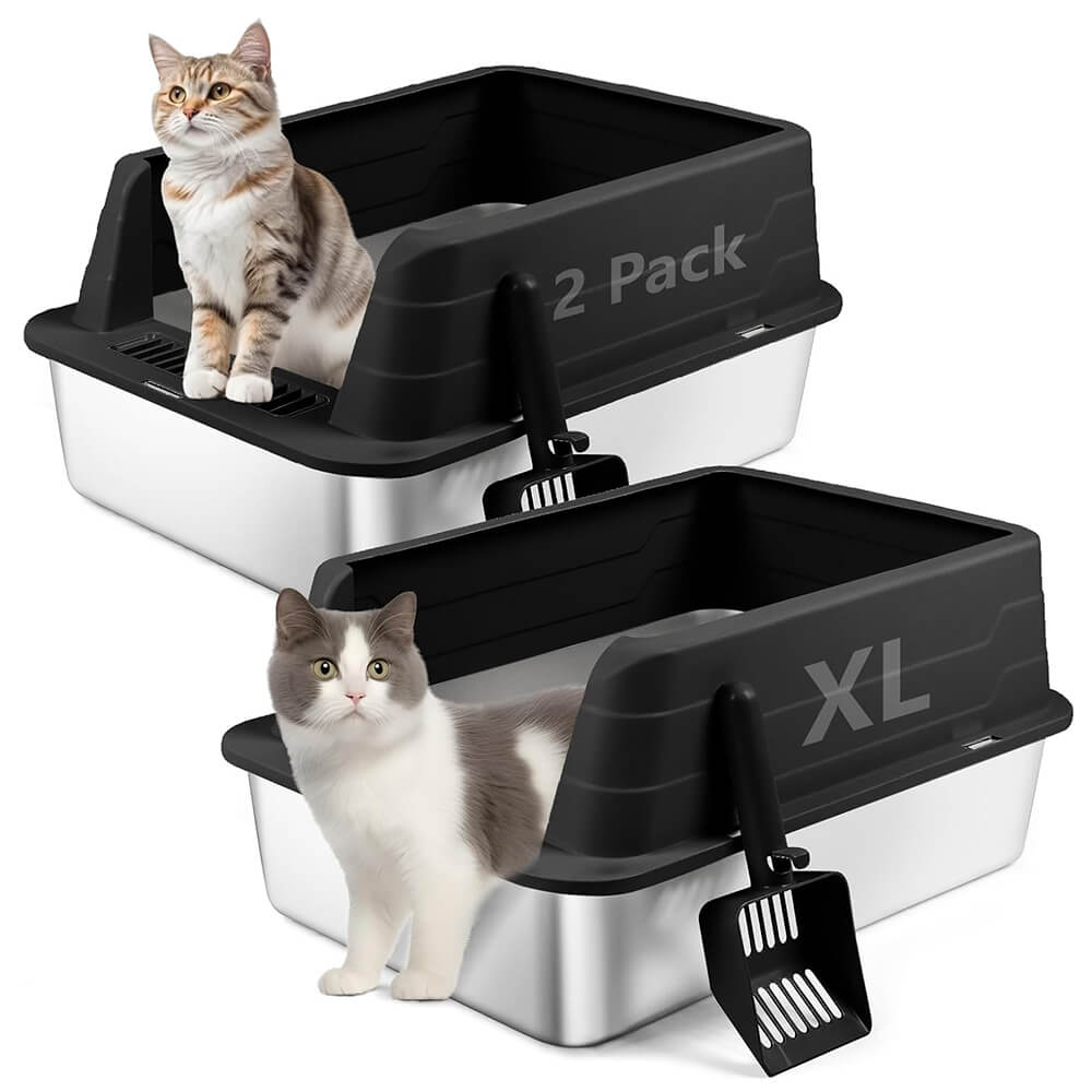 XL 2 Pack Black Stainless Steel Litter Box - Black / 22.9”x15”x 10.3”