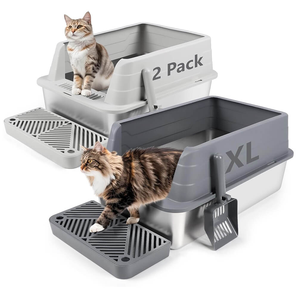 XL 2 Pack Dark&Light Gray Stainless Steel Litter Box with Filter Pedal - 2 Pack(Light&Dark Gray) / 22.9”x15”x 10.3”