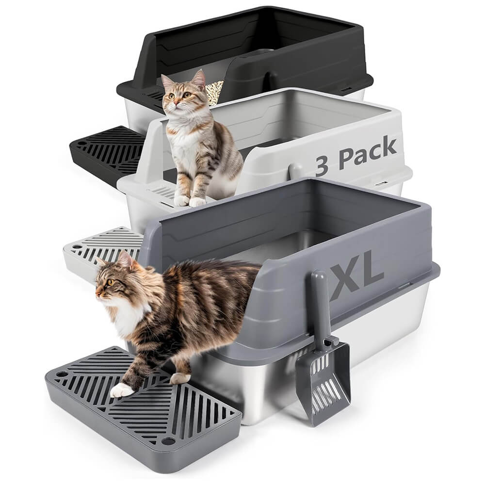 XL 3 Pack Black/Dark&Light Gray Stainless Steel Litter Box with Filter Pedal - Black/Dark&Light Gray / 22.9” x 15” x 10.3”
