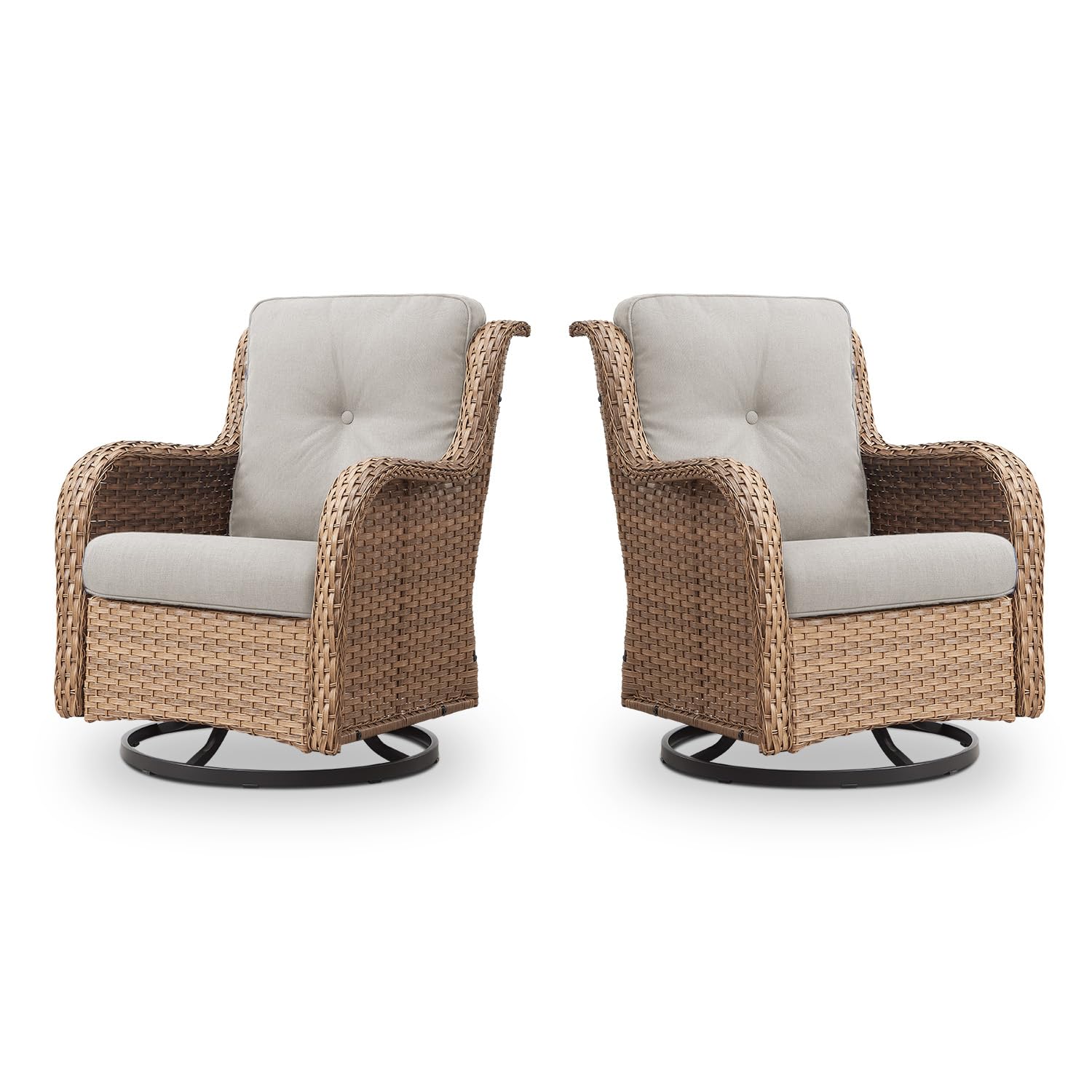 Outdoor 2PC PE Rattan Swivel Glider Chairs, NTC Series - Yellow Wicker / Beige Cushion