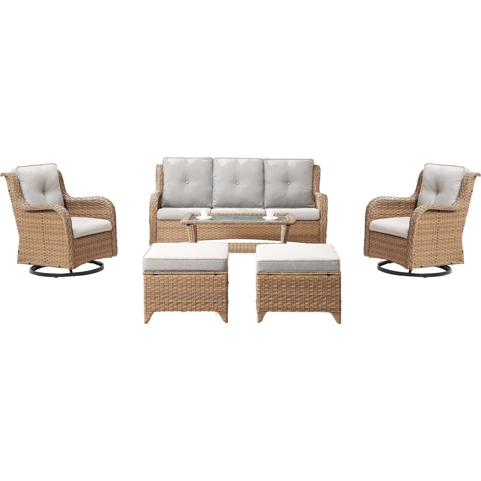 Patio Conversation Set 6-Piece with Sofa, Swivel Glider Chairs, Coffee Table, and Ottoman, NTC Series - Yellow Wicker / Beige Cushion