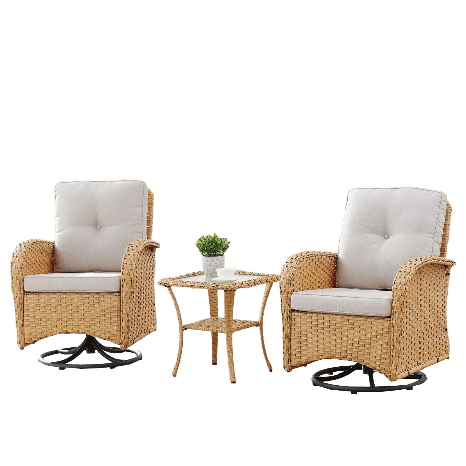 Swivel Glider Chairs Set with Side Table, NDS Series - Yellow Wicker / Beige Cushion