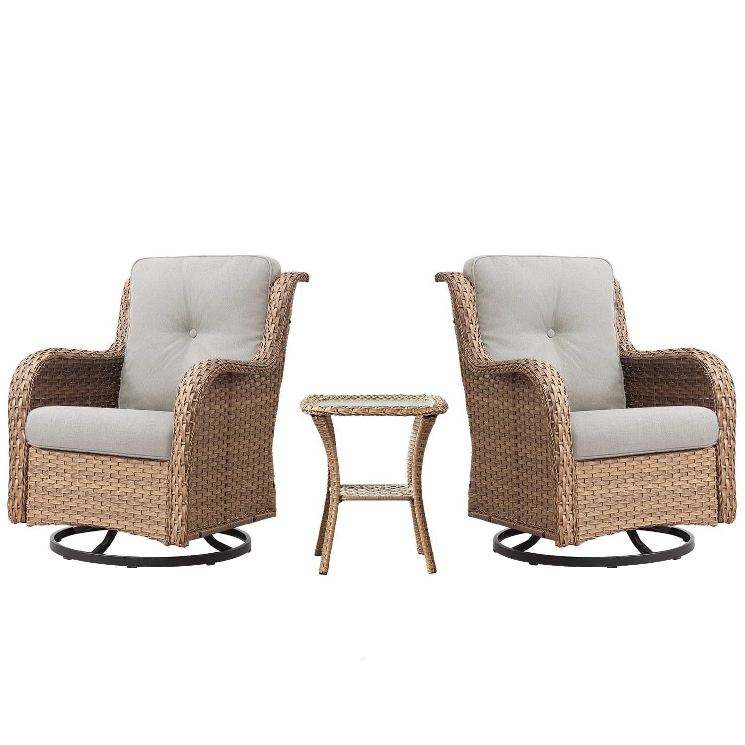 Swivel Glider Chairs Set with Side Table, NTC Series - Yellow Wicker / Beige Cushion