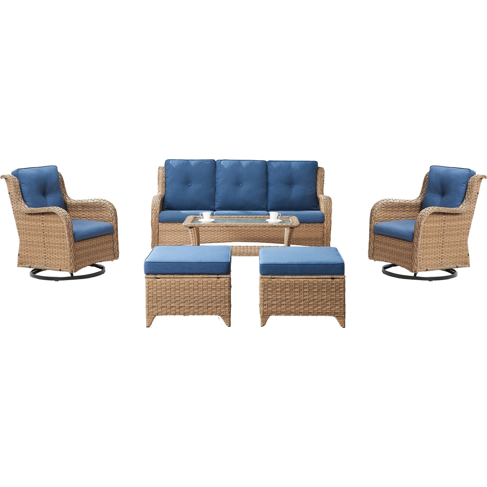 Patio Conversation Set 6-Piece with Sofa, Swivel Glider Chairs, Coffee Table, and Ottoman, NTC Series - Yellow Wicker / Blue Cushion