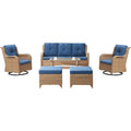 Patio Conversation Set 6-Piece with Sofa, Swivel Glider Chairs, Coffee Table, and Ottoman, NTC Series - Yellow Wicker / Blue Cushion