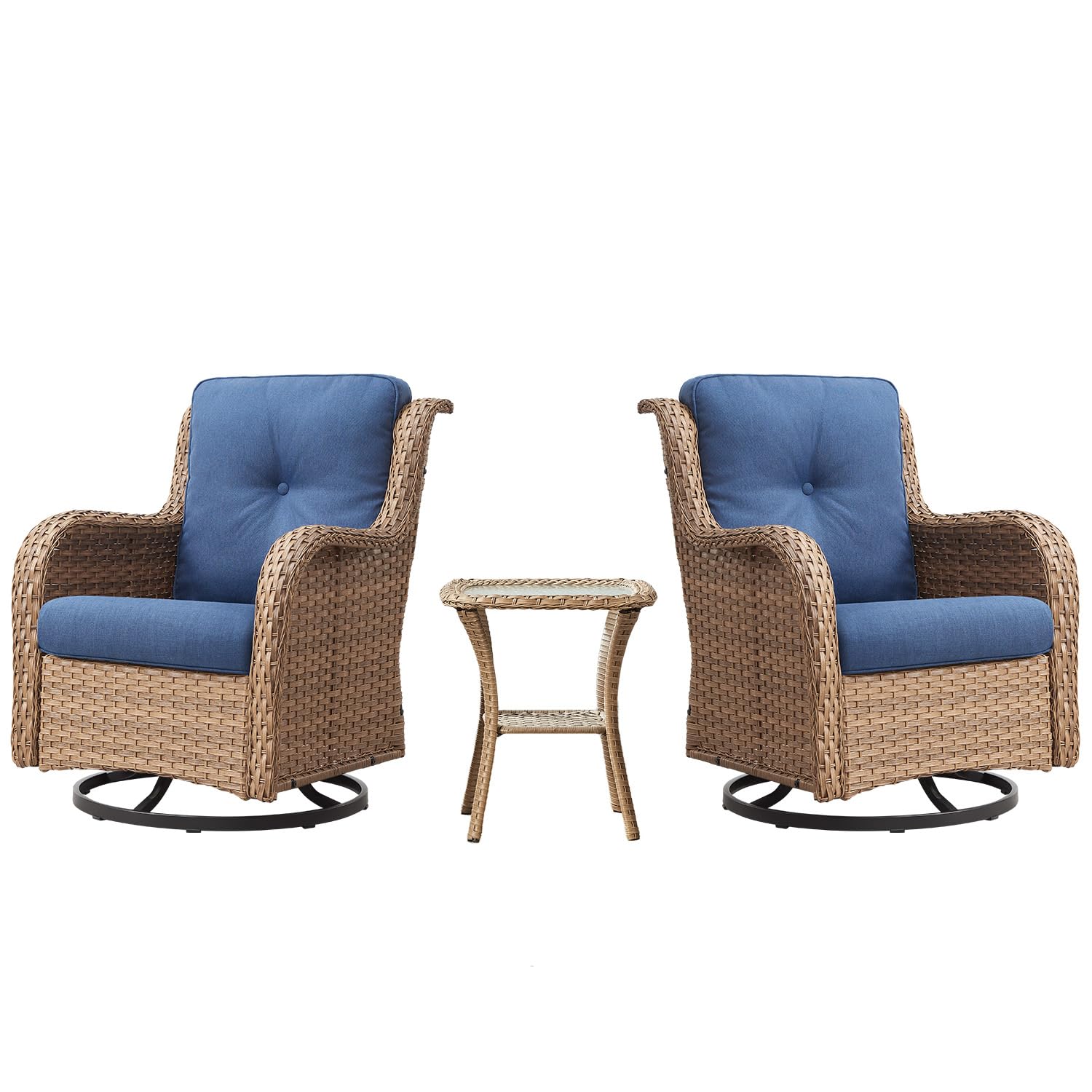 Swivel Glider Chairs Set with Side Table, NTC Series - Yellow Wicker  Blue Cushion