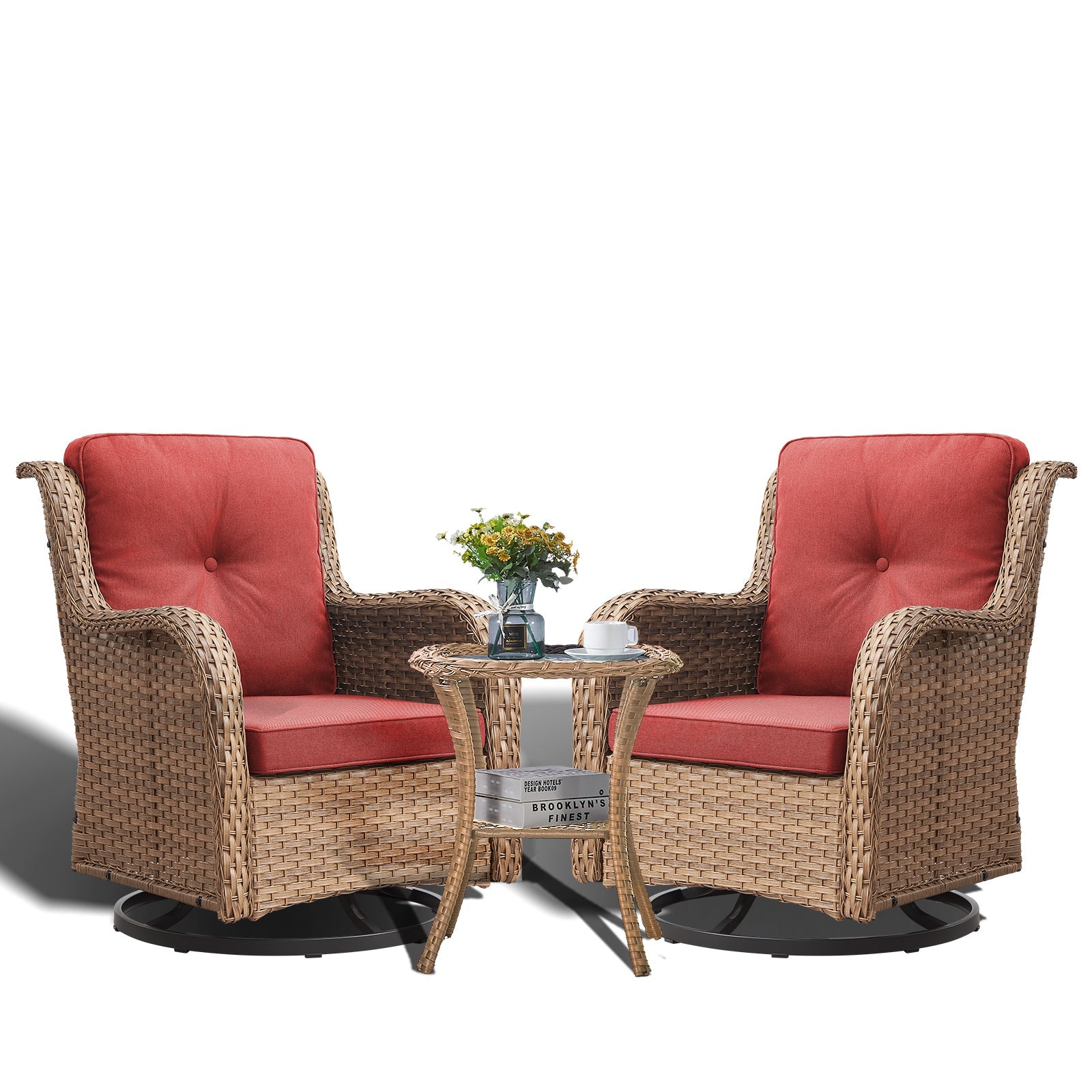 Swivel Glider Chairs Set with Side Table, NTC Series - Yellow Wicker / Red Cushion