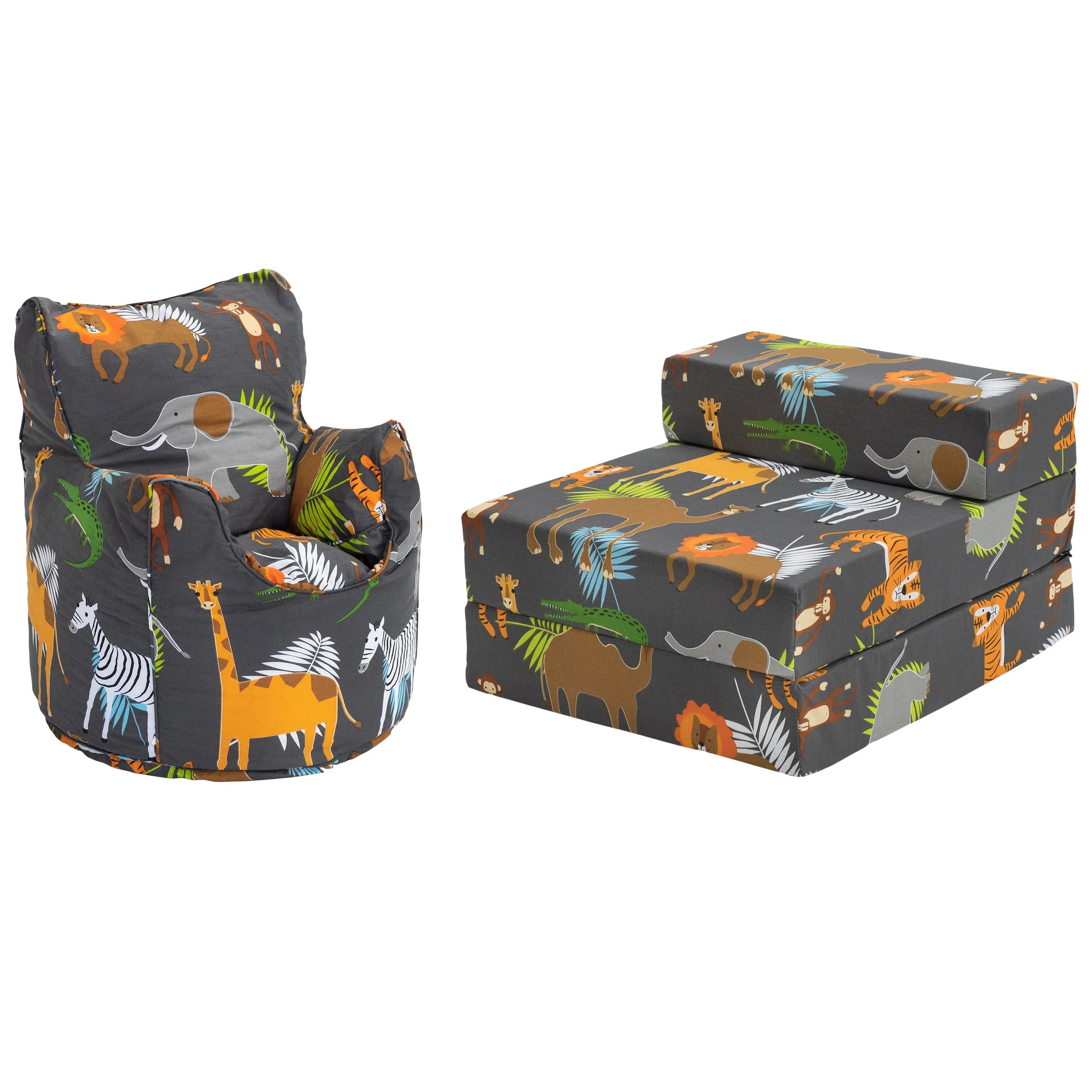 Kids Bean Bag Armchair and Folding Z Bed Printed Toddler Beanbag Chair and Guest Mattress - Africa