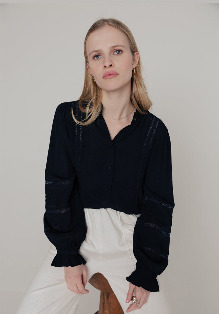 Abby Lace Insert Shirt In Black - 14