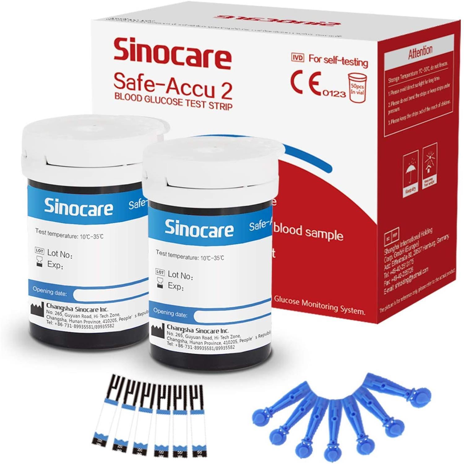 [50pcs] Sinocare Glucometer Glucose Test Strips with free lancets - Safe Accu 2