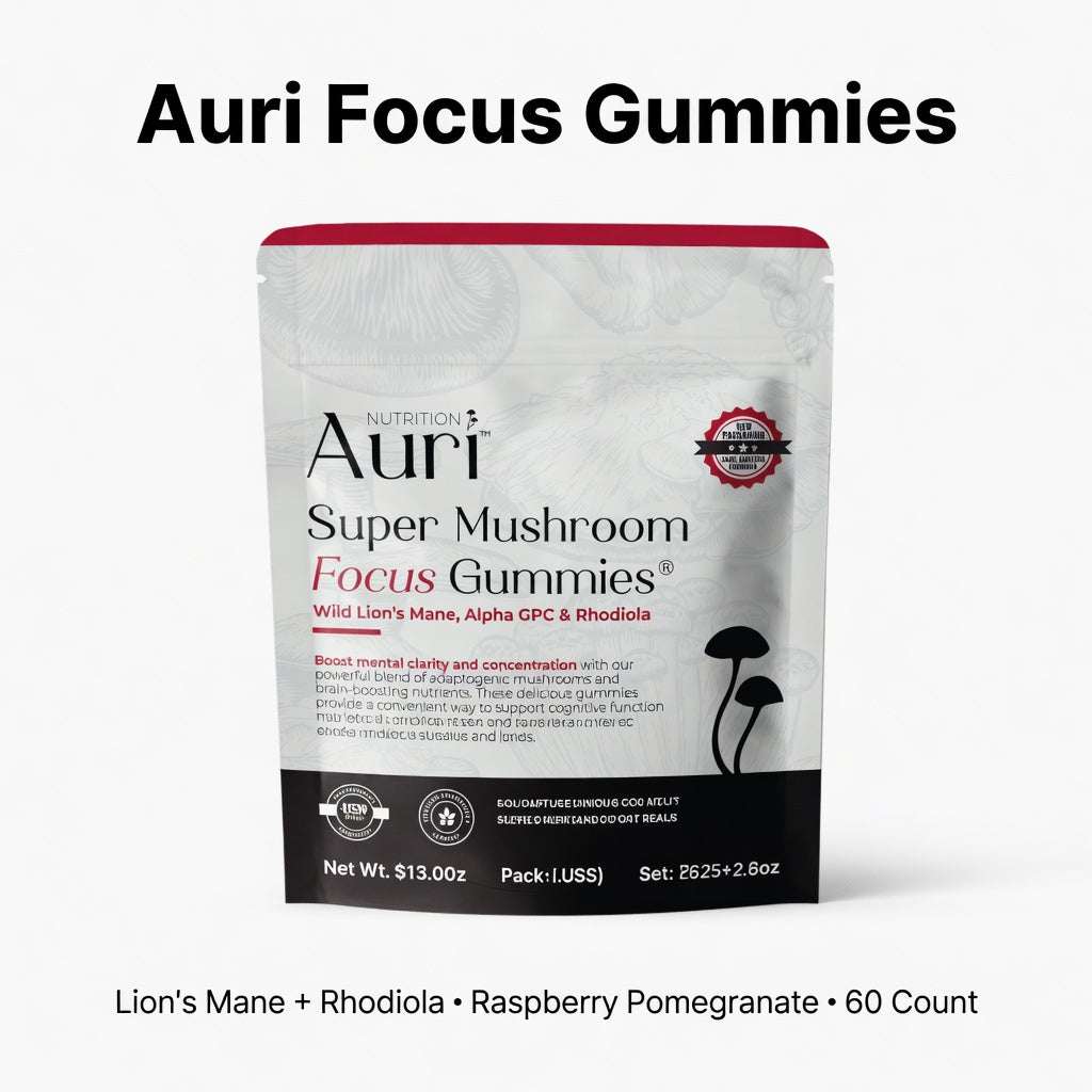 Auri Super Mushroom Focus Gummies Raspberry Pomegranate 60 Count