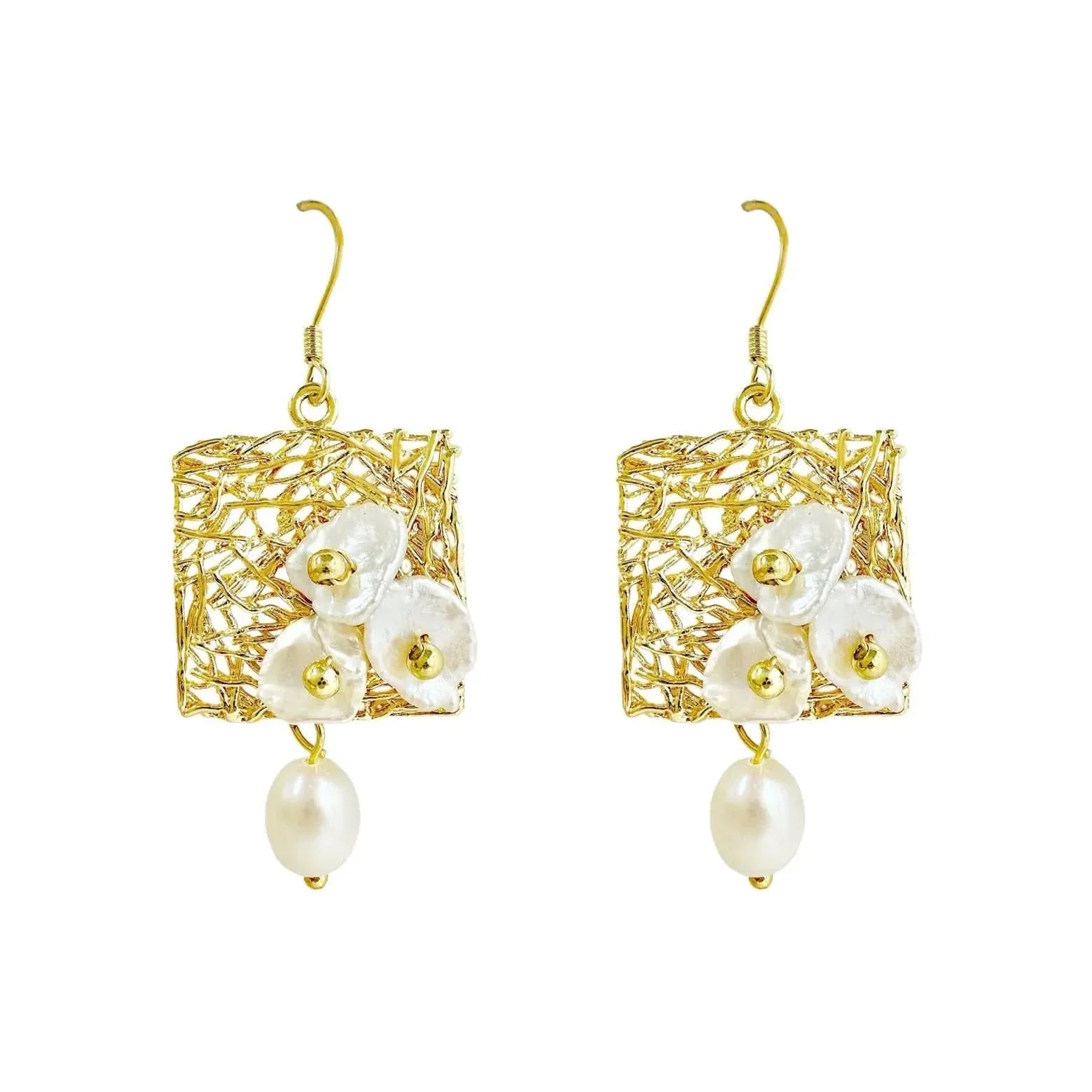 Baroque Pearl Earrings set in Gold Mesh - Gold
