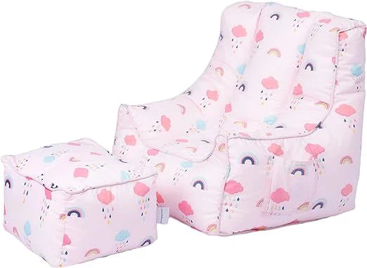 Kids Bean Bag Chair with Footstool Indoor Beanbag Armchair Printed Gaming Pouffes - Rainbow