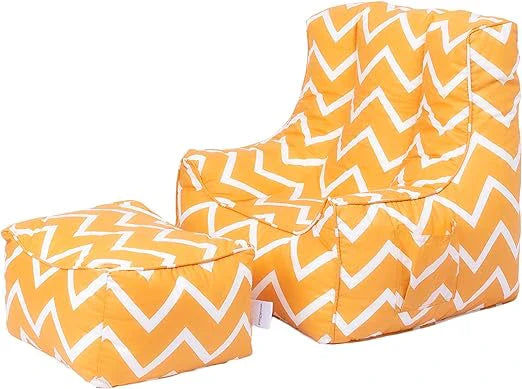 Kids Bean Bag Chair with Footstool Indoor Beanbag Armchair Printed Gaming Pouffes - Zigzag