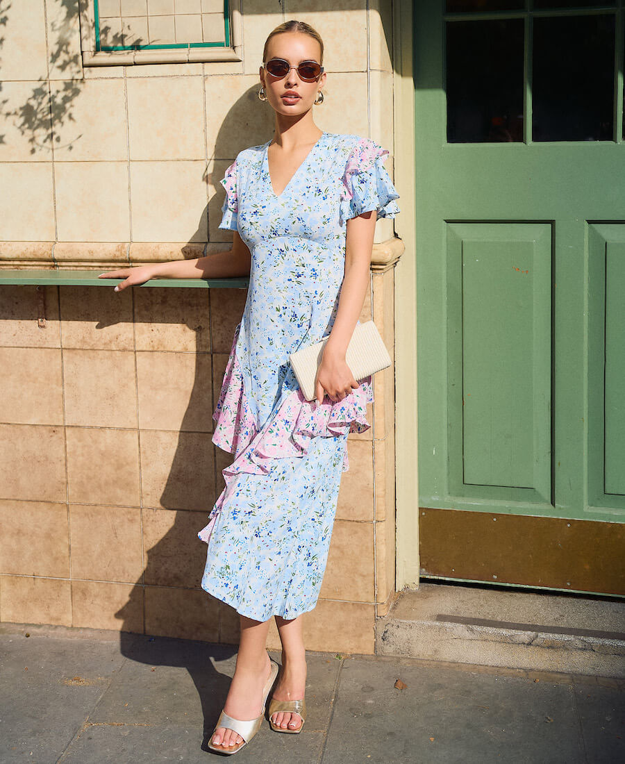 Blue Ditsy Floral Ruffle Mix and Match Midi Dress - 16