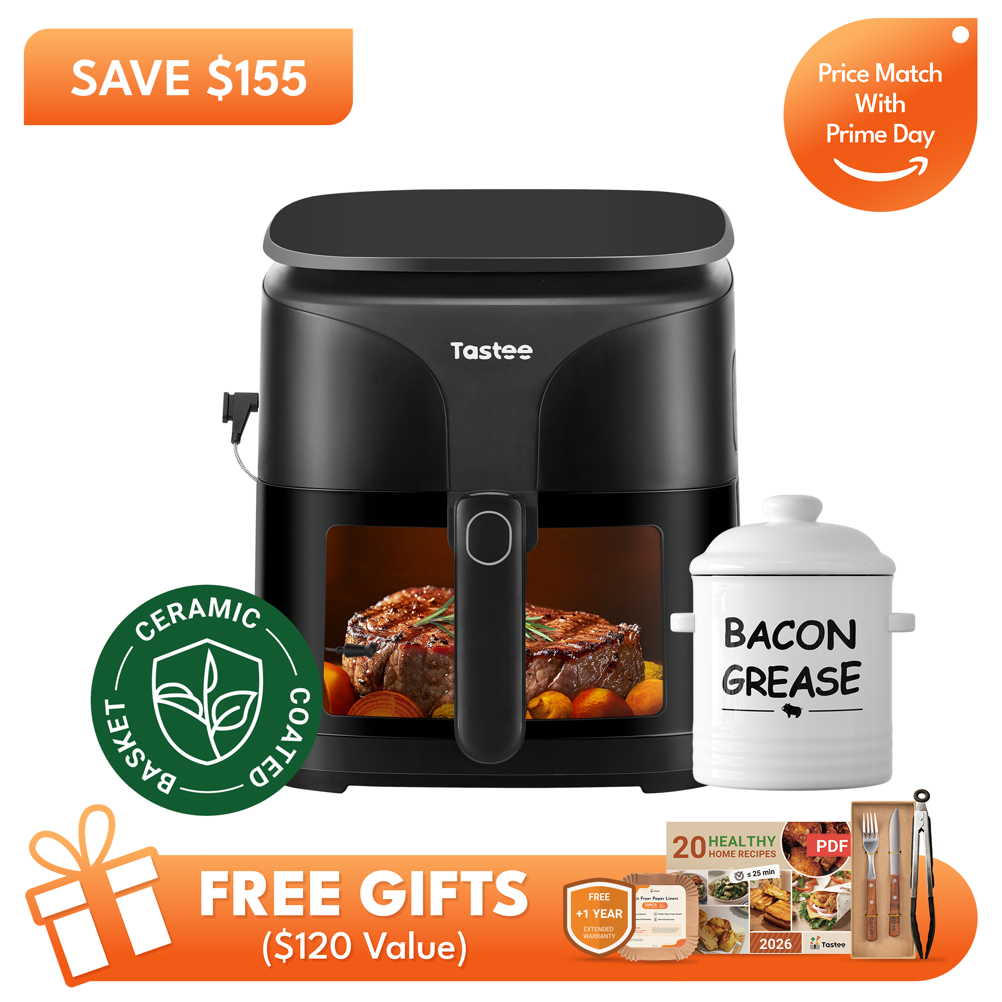 Tastee Sensor Magic Smart Air Fryer (Ceramic Coated Basket) +Ceramic Bacon Grease Container